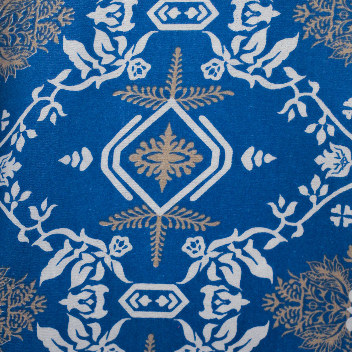 Blue with white and gold pattern swatch